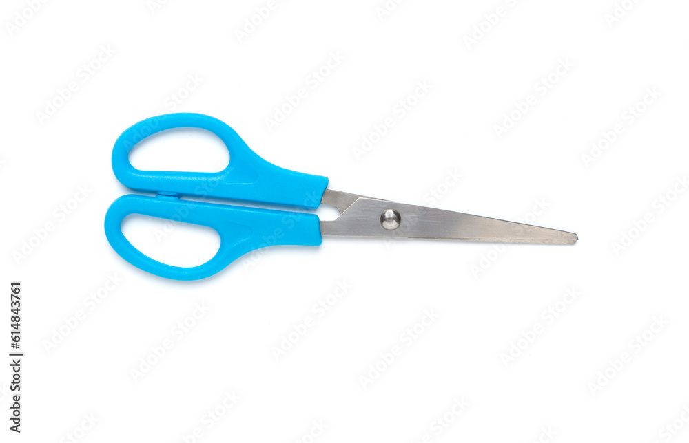 Blue scissors isolated on white, top view Blue scissors isolated on white, top view