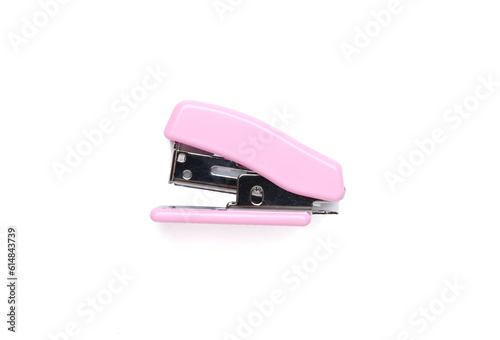 Pink stapler isolated on white, top view