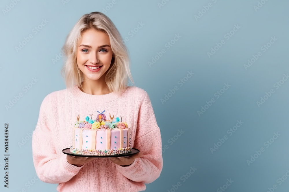 Beautiful yang woman with colorful cake celebrating birthday on blue background. Cheerful and happy face. Generative AI Beautiful yang woman with colorful cake celebrating birthday on blue background. Cheerful and happy face. Generative AI