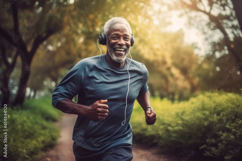 Happy black man running in park with music Smiles and simulations in nature Park and exercise. Senior man. Outdoor runner and exercise motivation.