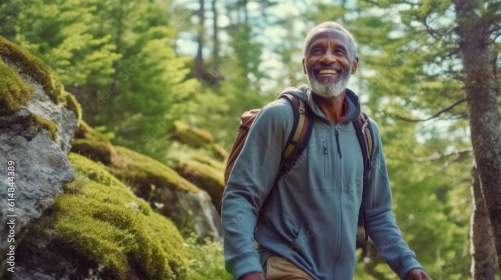 The old man looked aside attentively, went camping, trekking, uniting with nature. There is a backpack and a sleeping pad on the back. Take a refreshing cough The old man looked aside attentively, went camping, trekking, uniting with nature. There is a backpack and a sleeping pad on the back. Take a refreshing cough