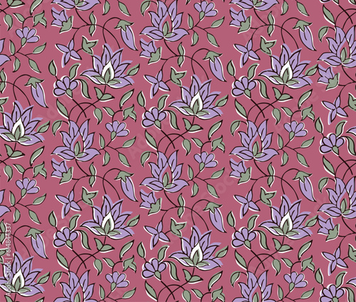 BEAUTIFUL HAND DRAWN BLOCK PRINT KALAMKARI STYLE SEAMLESS FLORAL