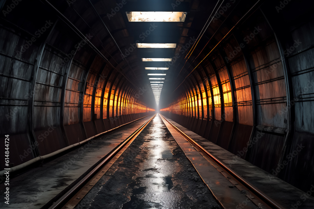 Fototapeta premium A long, dark tunnel with a wet floor and a bright light in the back