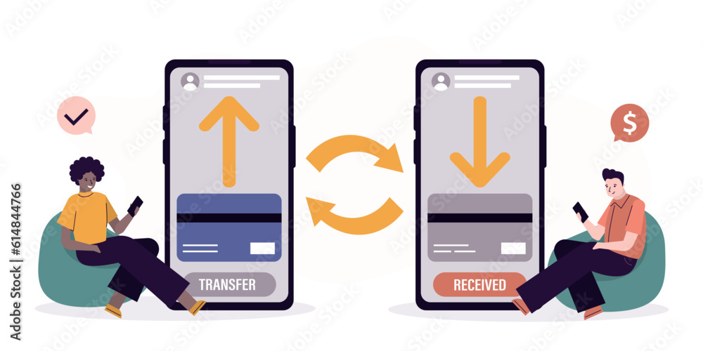 International money transfer and safe transactions. Multiethnic users sends and receives money in mobile banking app. Easy banking concept. Virtual bank card, ecommerce. vector flat illustration International money transfer and safe transactions. Multiethnic users sends and receives money in mobile banking app. Easy banking concept. Virtual bank card, ecommerce. vector flat illustration