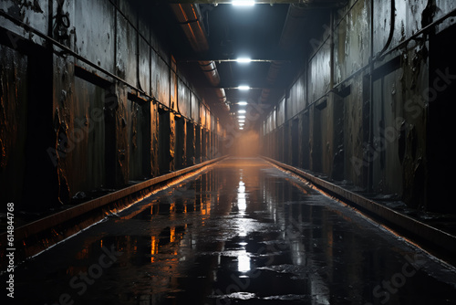 A long  dark tunnel with a wet floor and a bright light in the back