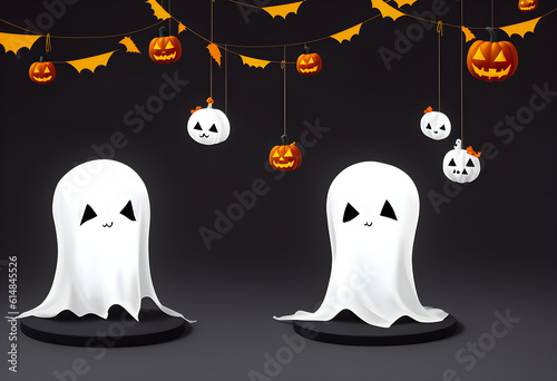 cute ghost and Pumpkins in pastel tone cute are celebrate the halloween festival 3d glowing. Happy Halloween pumpkins, cute ghost, trick fantasy fun party, Online, Generative AI, illustration photo