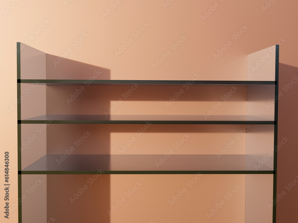 A three-tier frosted glass shelf near an orange wall. Front view. 3D visualization. Interior Design. A three-tier frosted glass shelf near an orange wall. Front view. 3D visualization. Interior Design.