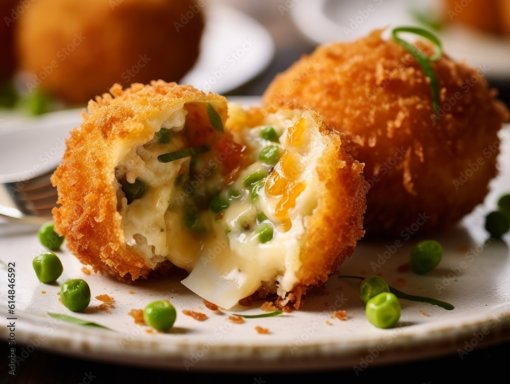 Arancini with crispy golden crust, gooey cheese, and peas on a white plate Arancini with crispy golden crust, gooey cheese, and peas on a white plate