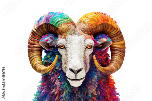 Abstract of Bighorn Ram or sheep portrait isolated on clean png background, Aries zodiac sign with multi colored colorful on skin body and hairs paint, with Generative AI.