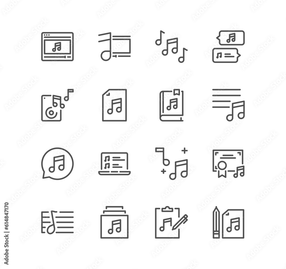 Set of music related icons, loudspeaker, karaoke, soundtrack, party, song lyrics and linear variety vectors.
