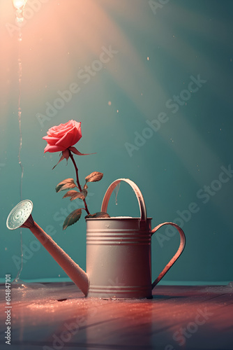 A carmine red rose in a watering can is illuminated by a soft light on a blue background