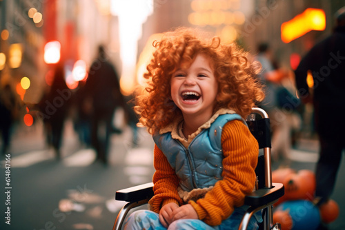 AI generated portrait of candid authentic joyful happy disabled child girl wheelchair outdoor fall