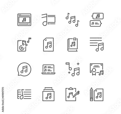 Set of music related icons, loudspeaker, karaoke, soundtrack, party, song lyrics and linear variety vectors.