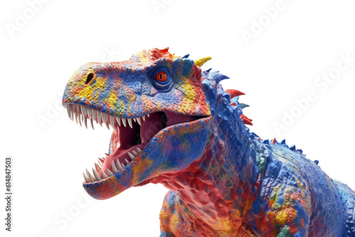 Abstract of Tyrannosaurus rex or T-rex dinosaur portrait in Cretaceous period with multi colored colorful isolated on clean png background, Vibrant bright, with Generative AI. © TANATPON