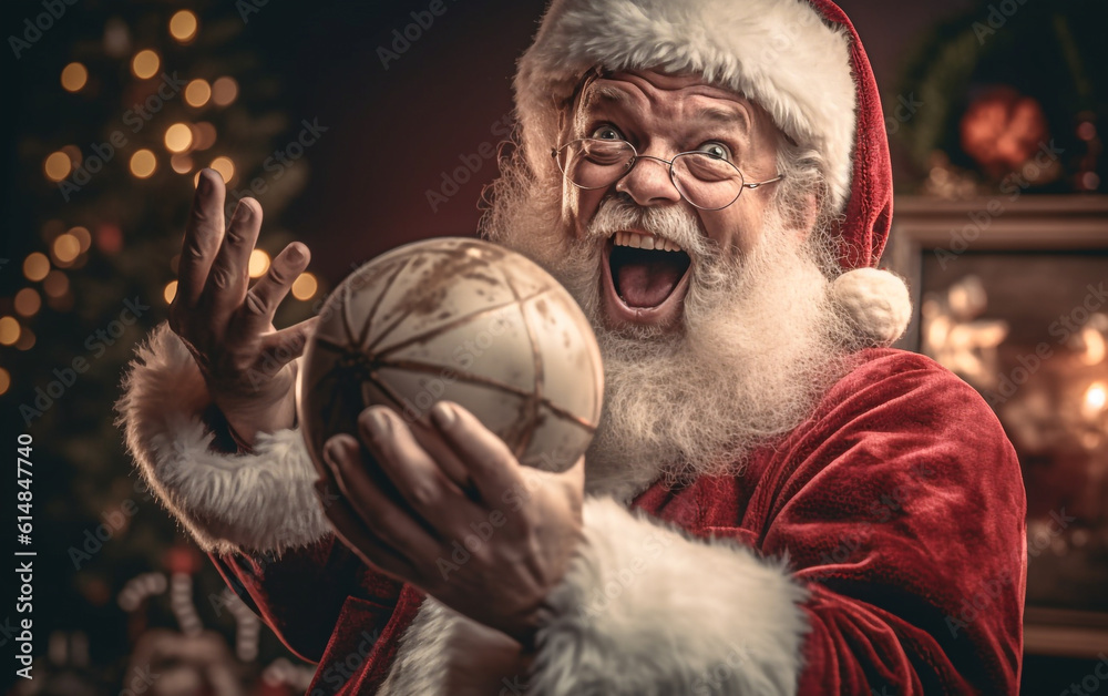 Obraz premium Joyful Santa Claus laughs and holding a decorative Christmas ball