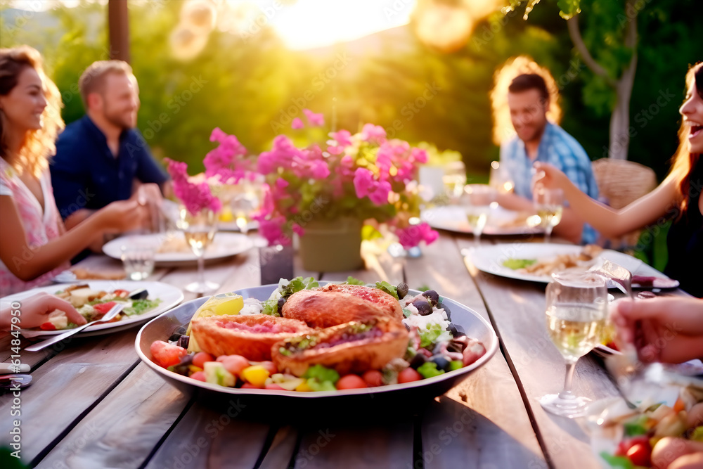 Gente feliz almorzando en una hermosa mesa en el jardín. Concepto de estilo de vida juvenil, comida y bebida en el exterior disfrutando de una fiesta en el restaurante.