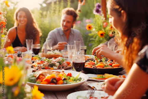 Gente feliz almorzando en una hermosa mesa en el jardín. Concepto de estilo de vida juvenil, comida y bebida en el exterior disfrutando de una fiesta en el restaurante.