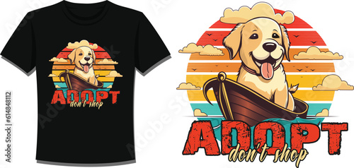 A cute dog on a boat by sea with sun background t shirt design with mockup