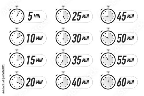 Timer icons vector set black color isolated on white background. Stopwatch. Time from 5 to 60 minutes. illustration 10 eps