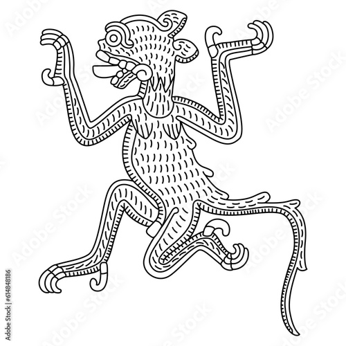 Stylized jaguar with talons and his tongue out. Native American art of Aztec Indians. From Mexican codex. Black and white linear silhouette.