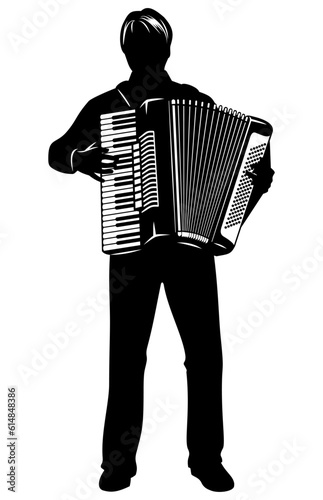 Silhouette of man playing on accordion. Vector clipart isolated on white.