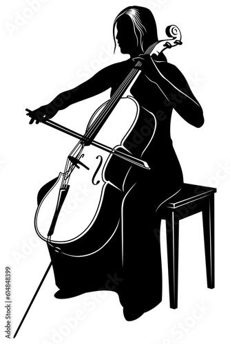 Silhouette of woman playing on a cello. Vector clipart isolated on white.