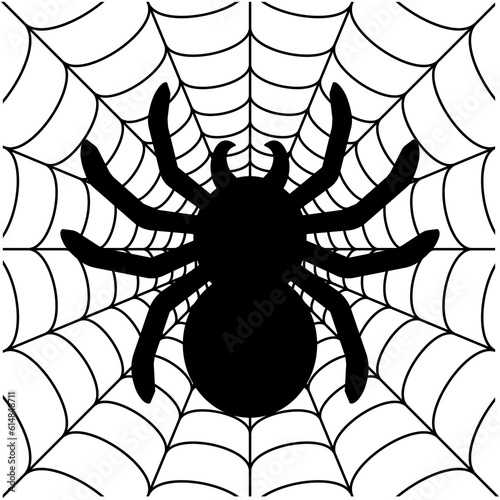 Black big scary spider sitting center of web. Spooky Halloween decoration element for your design. Silhouette of a tarantula spider. Animal clipart vector design illustration.