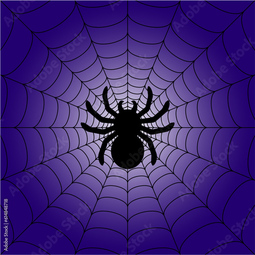 Black big scary spider sitting center of web. Spooky Halloween decoration element for your design. Silhouette of a tarantula spider. Animal clipart vector design illustration.