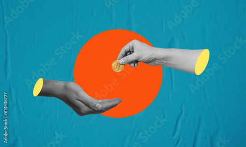 Human hands and bitcoin. Modern art collage. Concept of business, finance, blockchain technology. photo