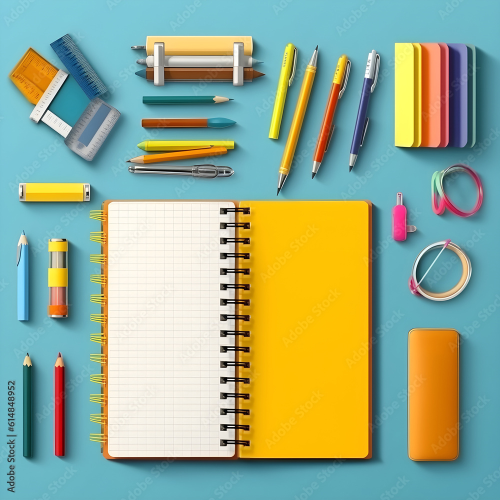 school supplies accessories pattern samples cartoon style.open notebook and tools around.flying floating backpack levitation style mock up free space,back to school generative ai