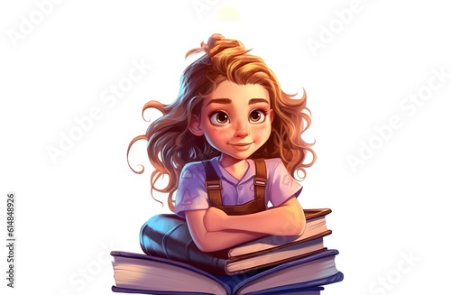 teenager girl sitting with arms over stack of books, thinkful face cartoon style back to school isolated on white generative ai 