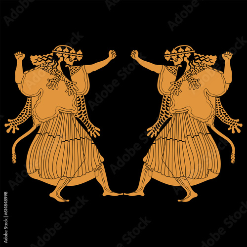 Symmetrical ethnic design with two dancing ancient Greek men. God of wine Dionysus or Bacchus. Vase painting style. On black background.