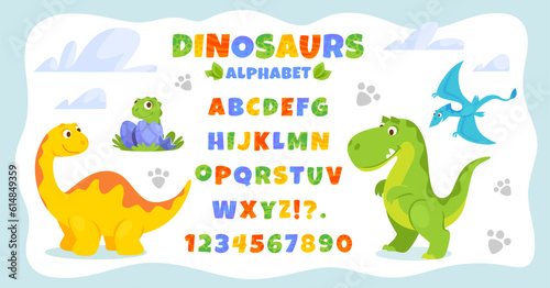 Alphabet poster with cute cartoon dinosaurs for children. Dino font design for kids. Vector illustration of an ABC banner with numbers for preschool  kindergarten or nursery students to learn letters