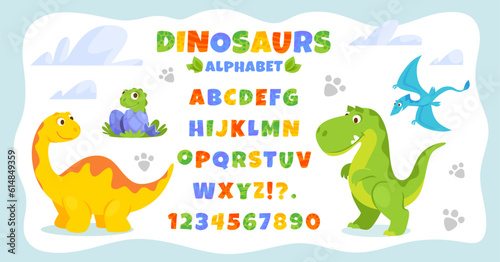 Alphabet poster with cute cartoon dinosaurs for children. Dino font design for kids. Vector illustration of an ABC banner with numbers for preschool, kindergarten or nursery students to learn letters