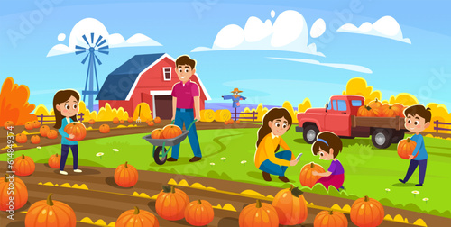 Poster of a family with children harvesting pumpkins on a pumpkin patch farm, happy boys and girls helping mom and dad pick them up from the field before the holidays. Cartoon vector illustration