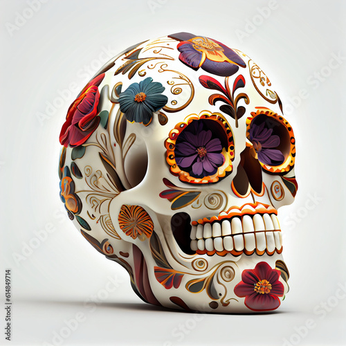  3D Rendered Calavera (Sugar Skull) in a traditional style for Dia de Los Muertos (Day of the dead) flowers and skull isolated on a white background Ai generated image
