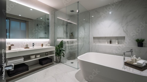 Interior design of Bathroom in Minimalist style with Freestanding bathtub decorated with Marble, Glass, Chrome material. Modern architecture. Generative AI AIG24. photo