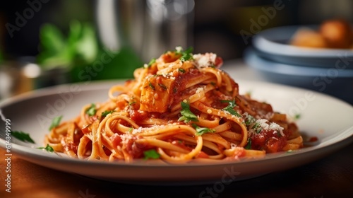 Pasta all'Amatriciana served on a white plate with Italian parsley garnish