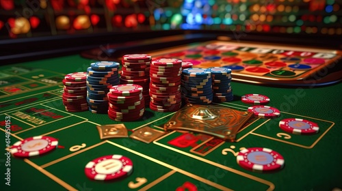 casino tokens or casino chips stack on table, big deal or bet, Generative Ai 