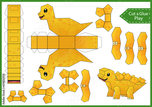 Kids craft game template. Create to cut and glue a paper 3d dinosaur. DIY papercraft cutout puzzle toys. Activity worksheet for children. Vector printable education game. Birthday decor. 
