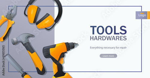 A set of construction tools. Banner template for repair service, tool shop, workshop equipment. Vector image of a drill, screwdriver, pliers, hammer, chisel, noise-cancelling headphones.