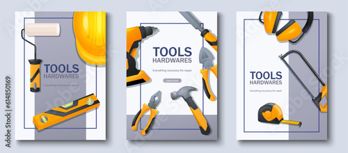 Set of posters with construction tools shop service. Equipment, hardwares for repair work. Vector image of a instruments, drill, pliers, hammer, meter, saw, roller, building level.
