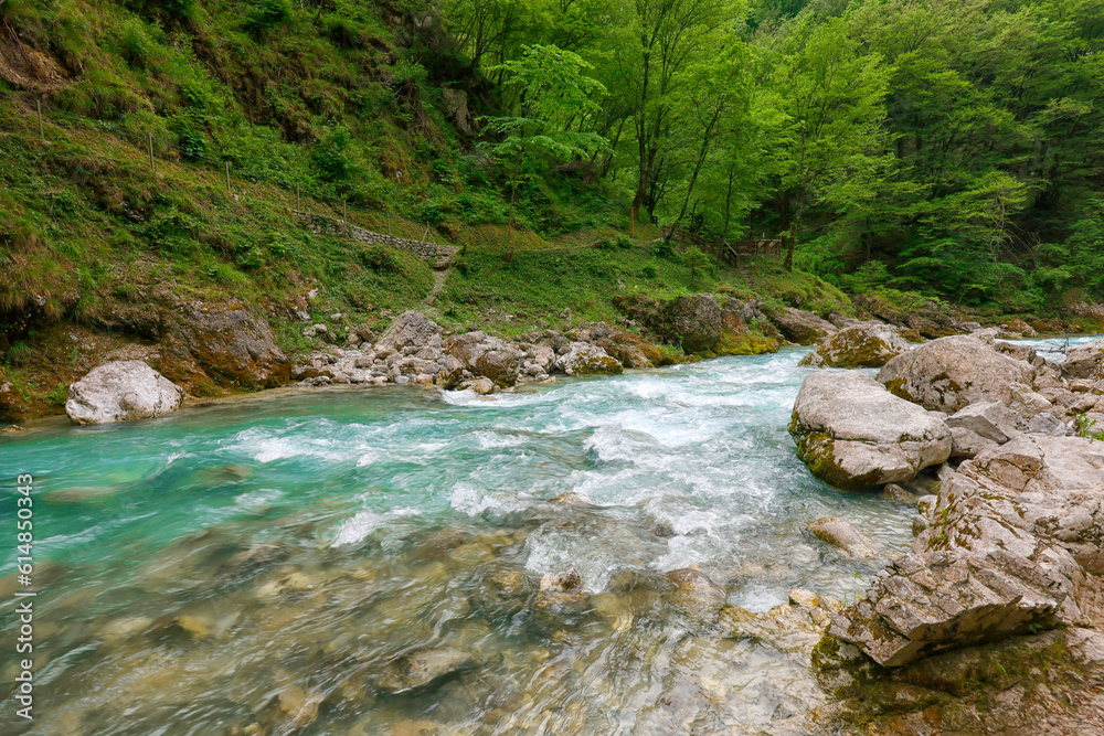 Beautiful landscape of Tolmin Gorges. Majestic scenery with clean mountain river in the deep gorges of Tolmin, Slovenia, Europe