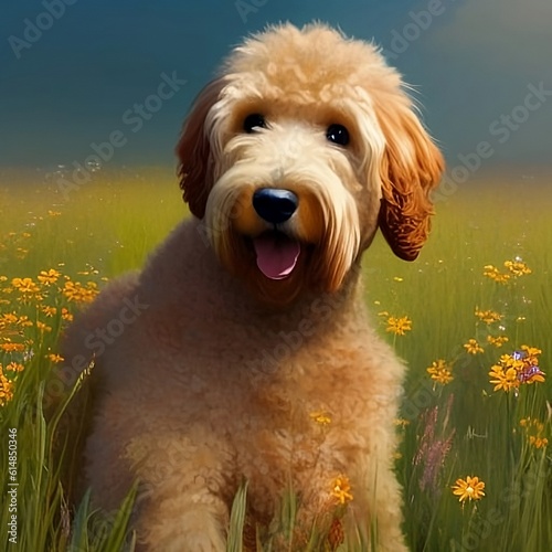 Goldendoodle dog in field of wildflowers © Juli
