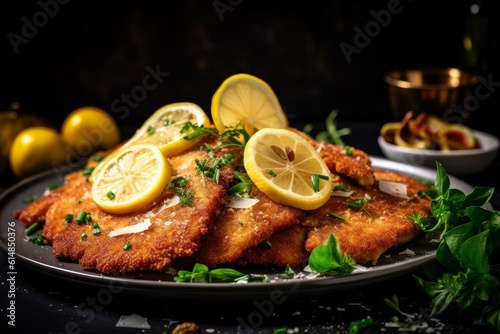 Valokuvatapetti Cotoletta alla Milanese with a side of lemon wedges and a parsley garnish on a p