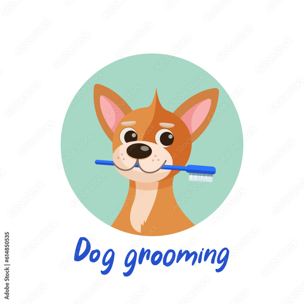 Dog grooming. Logo. Grooming salon for dogs. Grooming concept. Cartoon design. Dog care concept. Cute red dog. Vector illustration in cartoon style.

