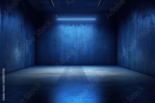Dark blue background, neon light, spotlights room with smoke float up the interior texture for display products