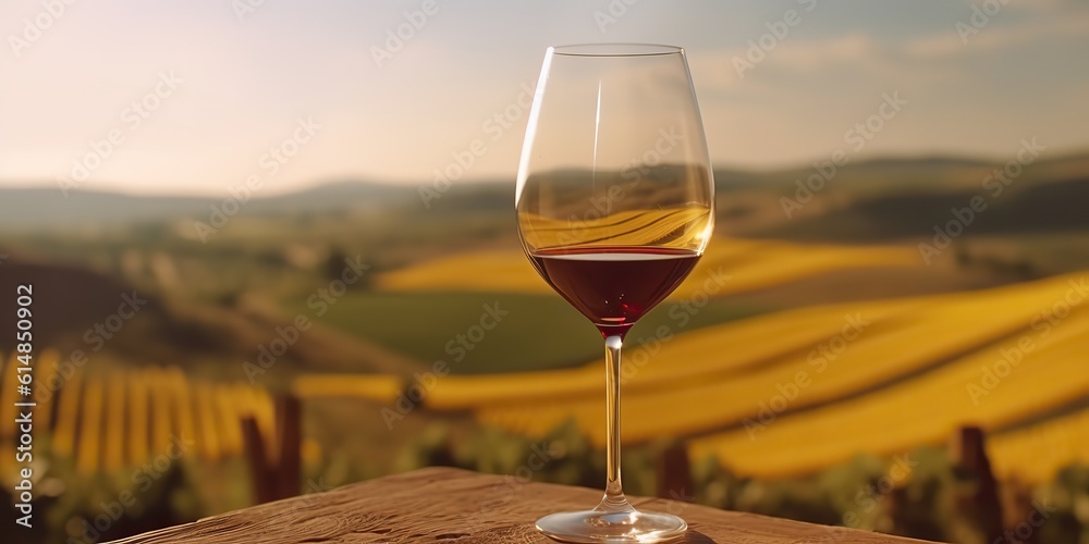 Fototapeta premium AI Generated. AI Generative. Glass of wine before field vineyard. Alcohol beverage vibe. Graphic Art