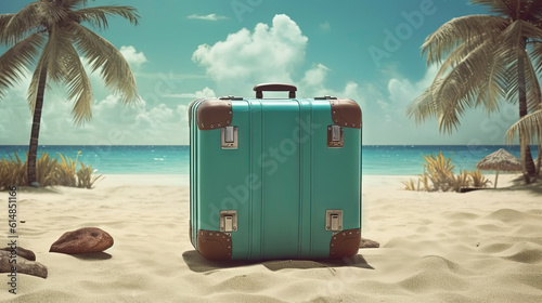 Suitcase in the sand of the beach. Vacation scene with travel case on the shore line. Generative AI.