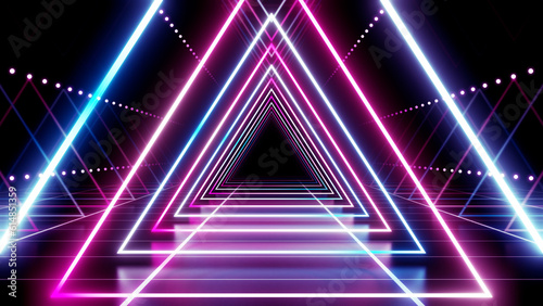 Neon Line Tunnel glowing Fluorescent light corridor stage 3D illustration background © bluebackimage